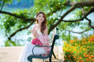 XVG No.28: Radiant beauty smiles brightly with pink roses amidst a dreamy floral landscape.-13