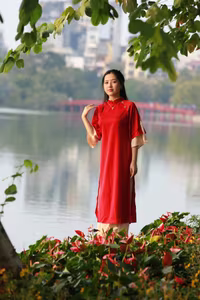 VGU No.106: Elegant Vietnamese Woman in Red by Hoan Kiem Lake, Hanoi's Traditional Beauty-2