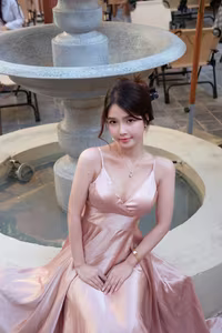 VGU No.72: Poetic Beauty in Pink Silk Dress, Elegant Moment by Fountain. Immerse in Charm!-2