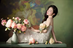 VGU No.98: Elegant Beauty in White Dress with Fresh Flowers – A Timeless Allure.-4