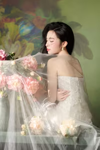 VGU No.98: Elegant Beauty in White Dress with Fresh Flowers – A Timeless Allure.-13