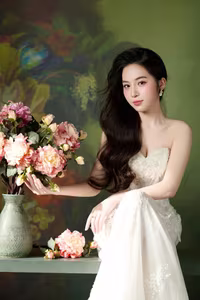 VGU No.98: Elegant Beauty in White Dress with Fresh Flowers – A Timeless Allure.-14