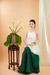 Elegant Vietnamese Muse with Gentle Lotus Flowers, Wearing Modernized Yếm Top 1000025258-4