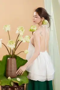 Elegant Vietnamese Muse with Gentle Lotus Flowers, Wearing Modernized Yếm Top 1000025258-0
