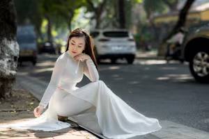 VGU No.121: Graceful Vietnamese Lady in Ao Dai with Vibrant Flower Bicycle-0